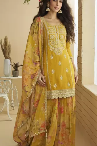 Yellow embroidered chinon free size stitched palazzo style salwar suit