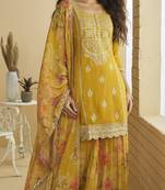 Yellow embroidered chinon free size stitched palazzo style salwar suit