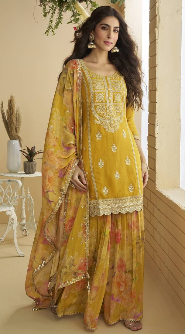 Yellow embroidered chinon free size stitched palazzo style salwar suit