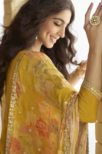 Yellow embroidered chinon free size stitched palazzo style salwar suit