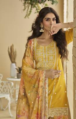 Yellow embroidered chinon free size stitched palazzo style salwar suit 3