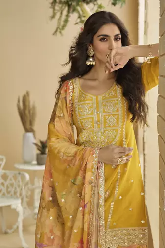 Yellow embroidered chinon free size stitched palazzo style salwar suit