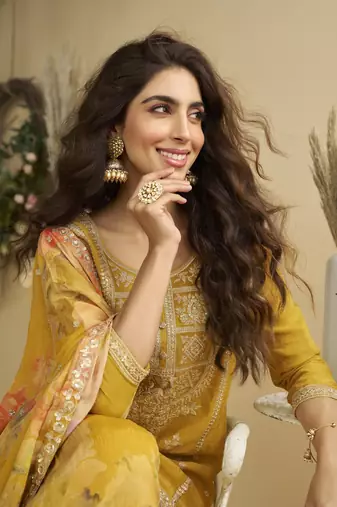 Yellow embroidered chinon free size stitched palazzo style salwar suit