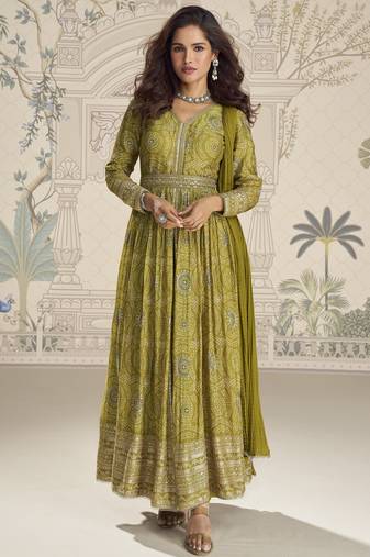 Mehendi embroidered chinon free size stitched anarkali suit