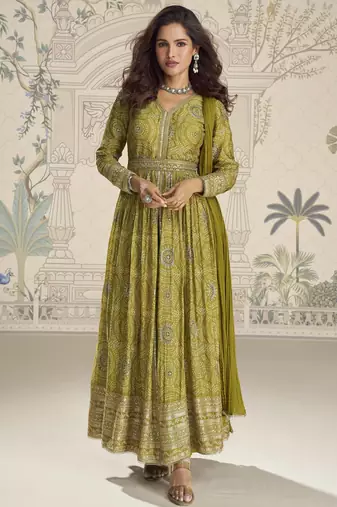 Mehendi embroidered chinon free size stitched anarkali suit