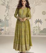 Mehendi embroidered chinon free size stitched anarkali suit
