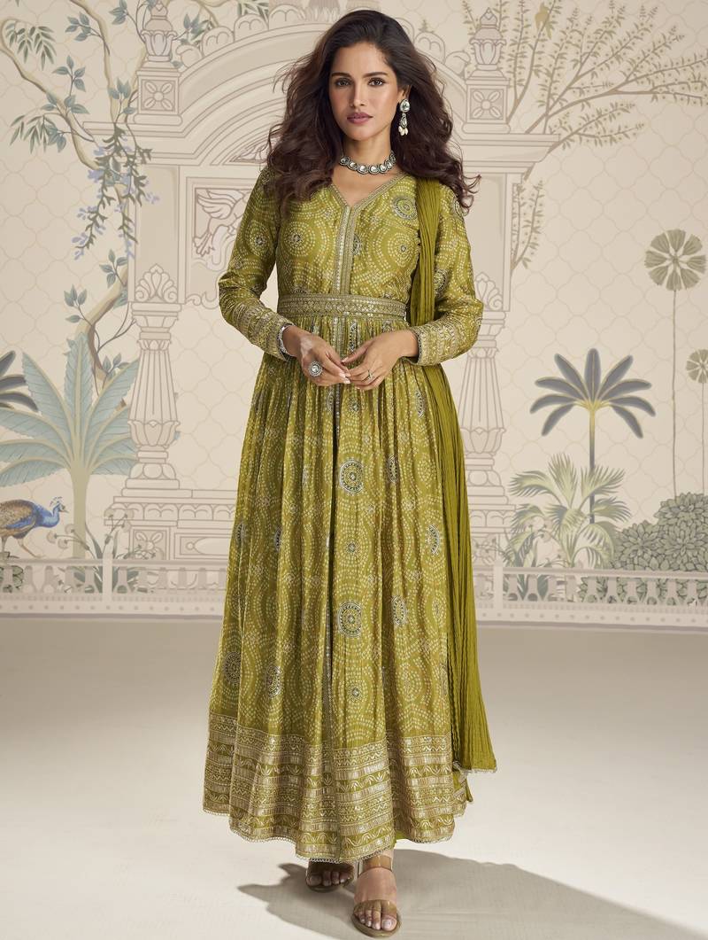 Mehendi embroidered chinon free size stitched anarkali suit