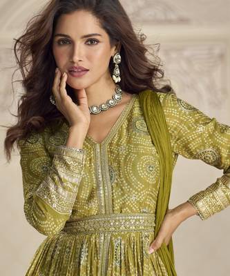 Mehendi embroidered chinon free size stitched anarkali suit 2
