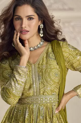Mehendi embroidered chinon free size stitched anarkali suit
