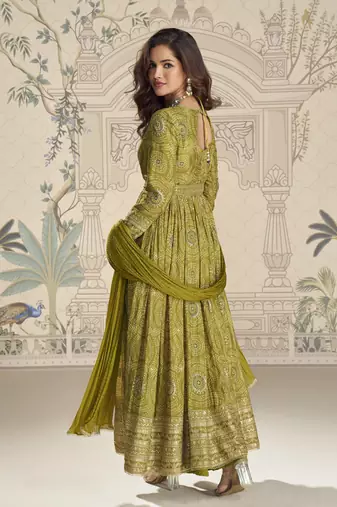 Mehendi embroidered chinon free size stitched anarkali suit