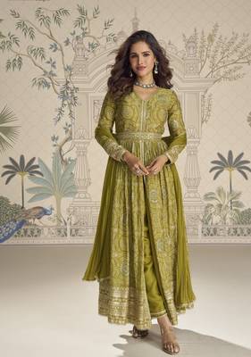 Mehendi embroidered chinon free size stitched anarkali suit 4