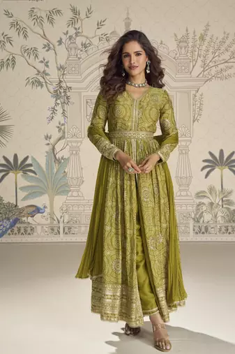 Mehendi embroidered chinon free size stitched anarkali suit