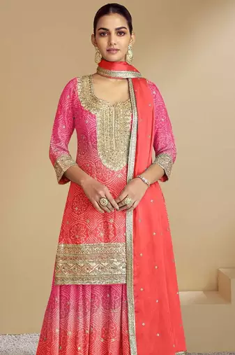 Pink silk blend hand embroidery semi stitched salwar suits suits size up to 42