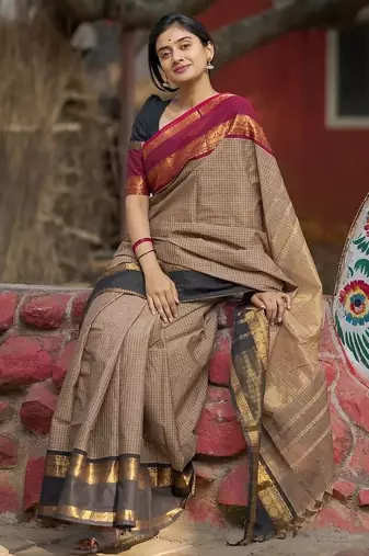 Beige chettinad saree cotton silk ganga jamuna saree with blouse