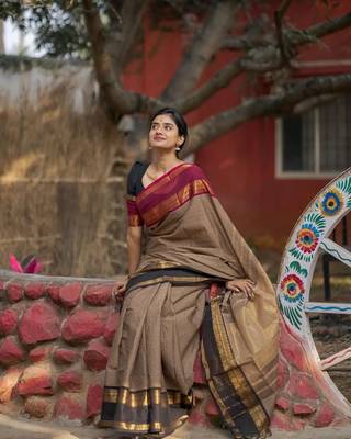 Beige chettinad saree cotton silk ganga jamuna saree with blouse 3
