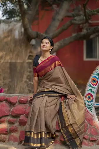 Beige chettinad saree cotton silk ganga jamuna saree with blouse