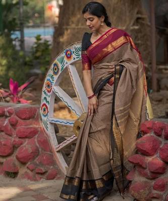 Beige chettinad saree cotton silk ganga jamuna saree with blouse 4