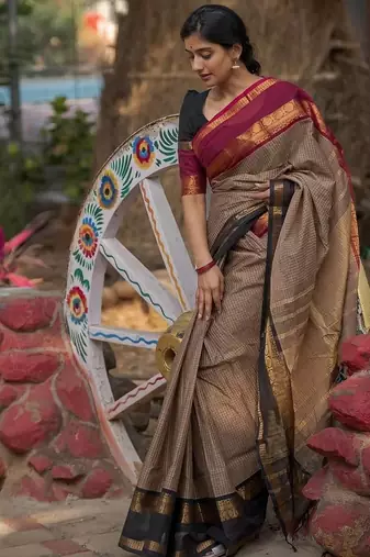 Beige chettinad saree cotton silk ganga jamuna saree with blouse