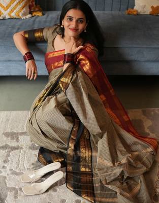 Beige chettinad saree cotton silk ganga jamuna saree with blouse 1