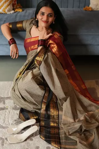 Beige chettinad saree cotton silk ganga jamuna saree with blouse