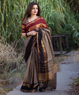 Beige chettinad saree cotton silk ganga jamuna saree with blouse 1
