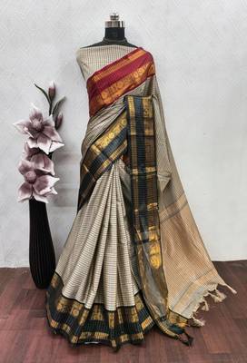 Beige chettinad saree cotton silk ganga jamuna saree with blouse 2