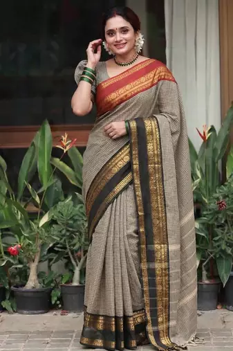 Beige chettinad saree cotton silk ganga jamuna saree with blouse