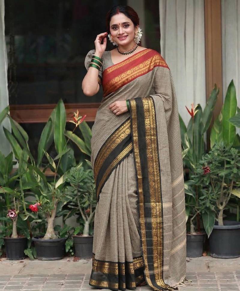 Beige chettinad saree cotton silk ganga jamuna saree with blouse