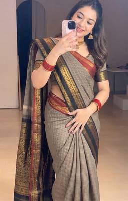 Beige chettinad saree cotton silk ganga jamuna saree with blouse 2