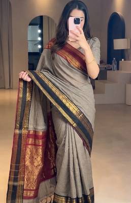 Beige chettinad saree cotton silk ganga jamuna saree with blouse 1