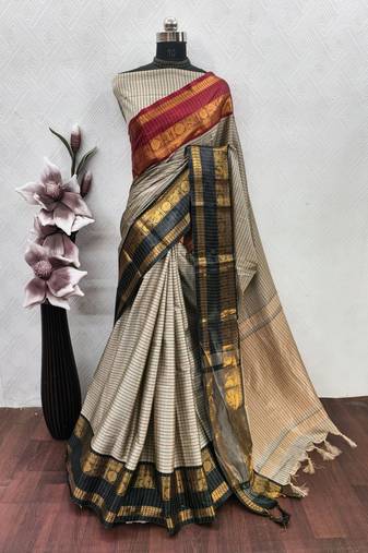 Beige chettinad saree cotton silk ganga jamuna saree with blouse
