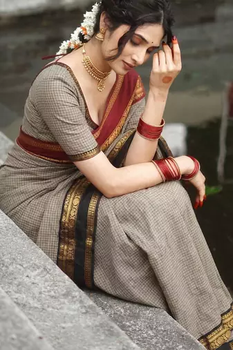 Beige chettinad saree cotton silk ganga jamuna saree with blouse