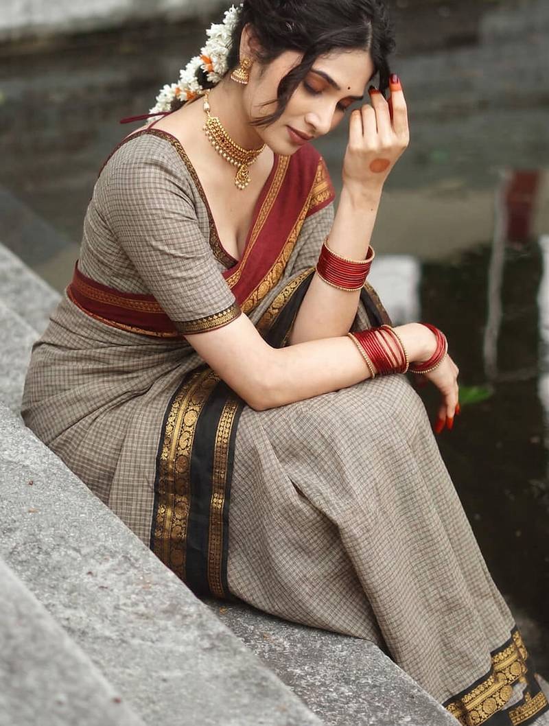 Beige chettinad saree cotton silk ganga jamuna saree with blouse