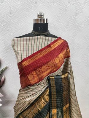Beige chettinad saree cotton silk ganga jamuna saree with blouse 3