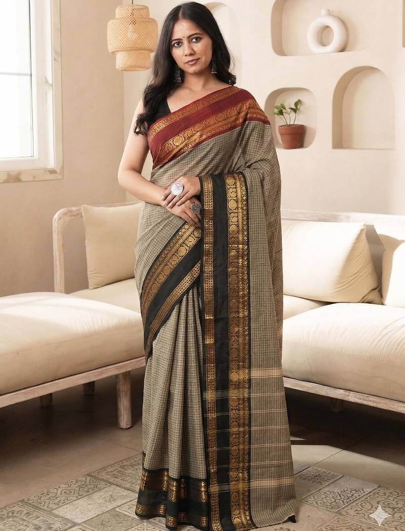 Beige chettinad saree cotton silk ganga jamuna saree with blouse