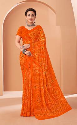 orange chiffon bandhani geometric printed saree with blouse  1