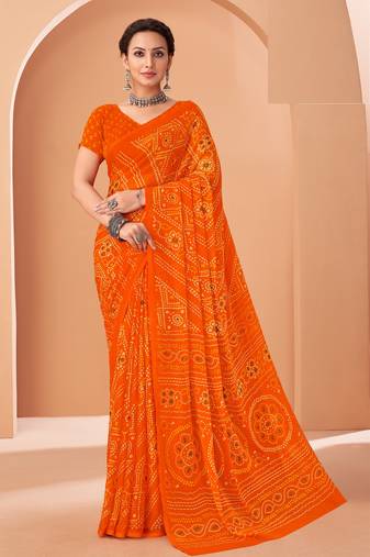 orange chiffon bandhani geometric printed saree with blouse 