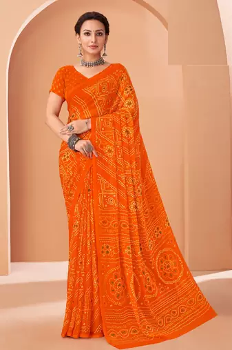 orange chiffon bandhani geometric printed saree with blouse 