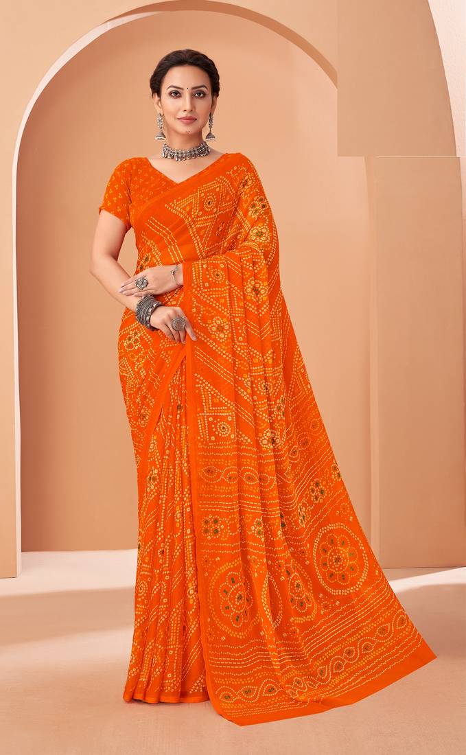 orange chiffon bandhani geometric printed saree with blouse 