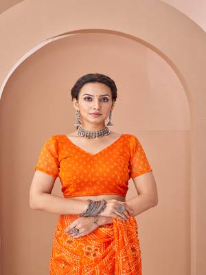 orange chiffon bandhani geometric printed saree with blouse  2