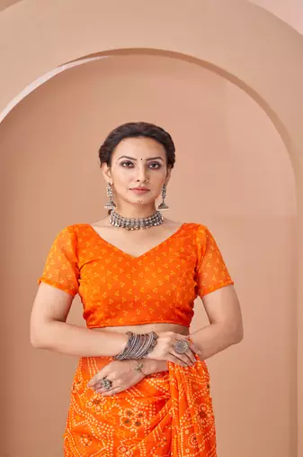 orange chiffon bandhani geometric printed saree with blouse 
