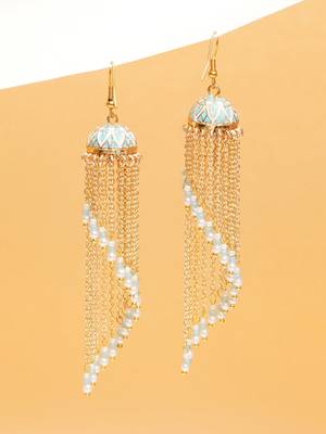 blue meenakari gold chain tassel jhumka earrings 1