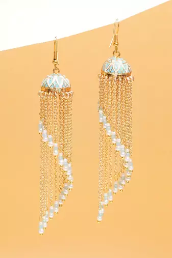 blue meenakari gold chain tassel jhumka earrings