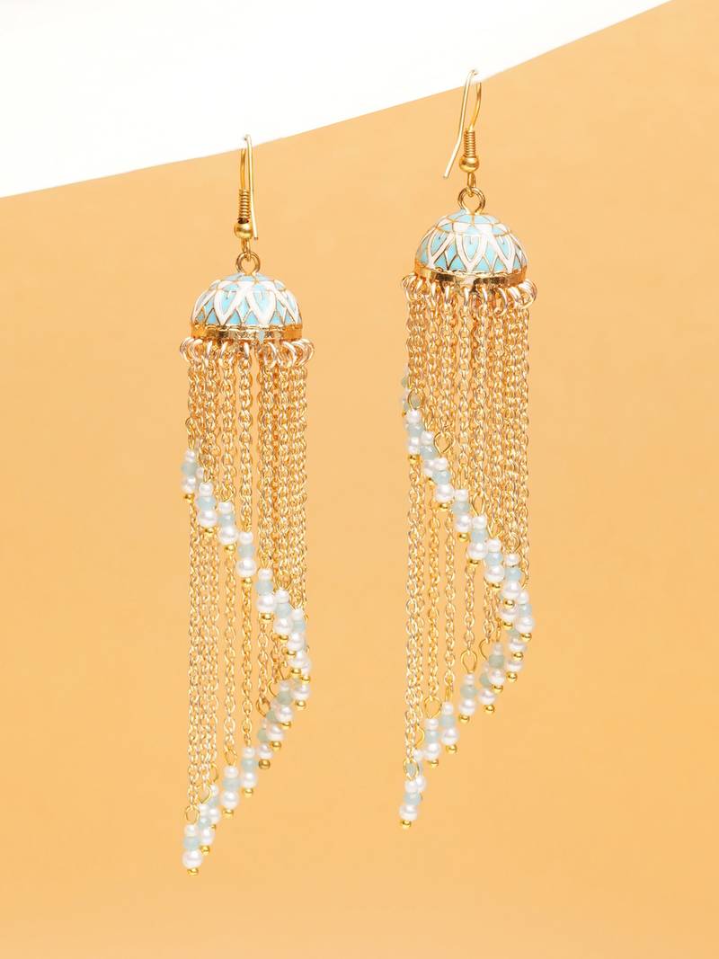 blue meenakari gold chain tassel jhumka earrings