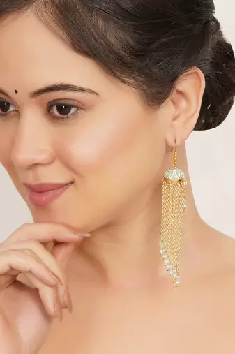 blue meenakari gold chain tassel jhumka earrings