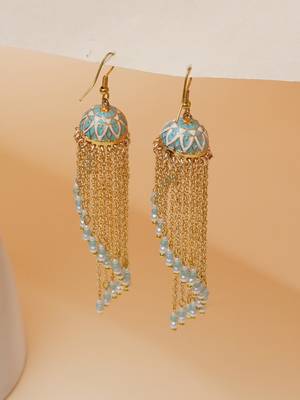 blue meenakari gold chain tassel jhumka earrings 3