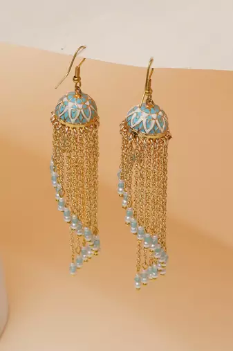 blue meenakari gold chain tassel jhumka earrings