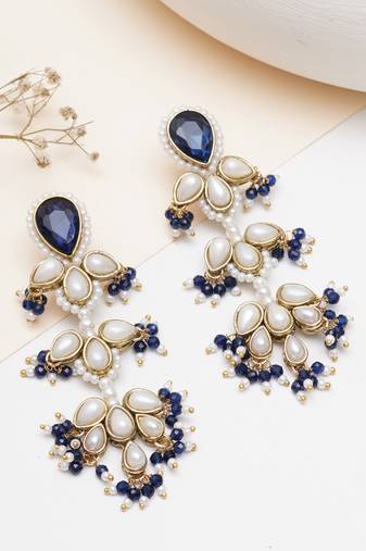 blue stone pearl beaded chandelier earrings