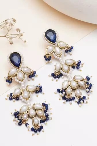 blue stone pearl beaded chandelier earrings