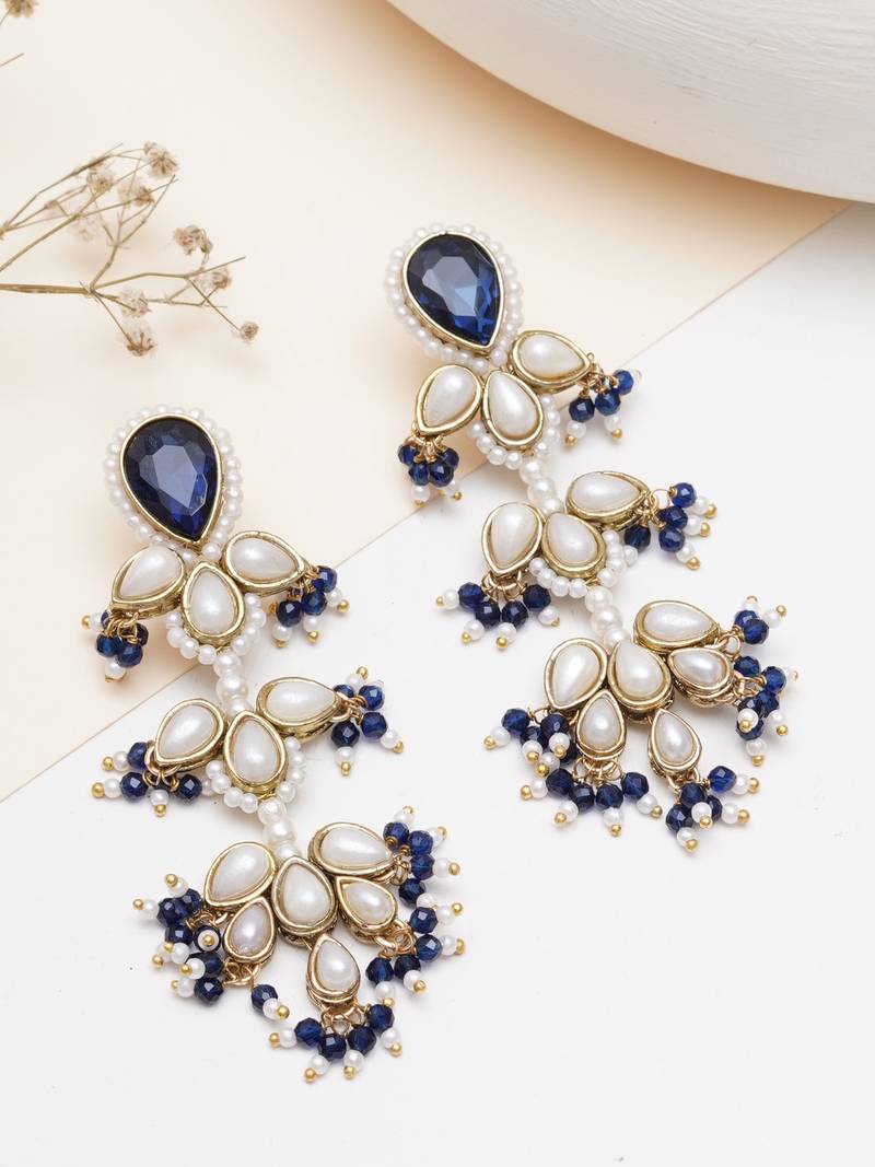 blue stone pearl beaded chandelier earrings